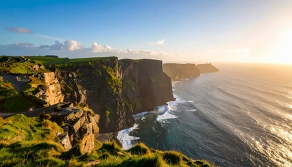 Stunning coastal panorama showcasing dramatic cliffs and a radiant sunset over the ocean