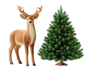 Reindeer pine tree snow winter holiday festive animal evergreen nature celebration. reindeer stands beside lush pine tree with snowy effect creating joyful winter holiday atmosphere