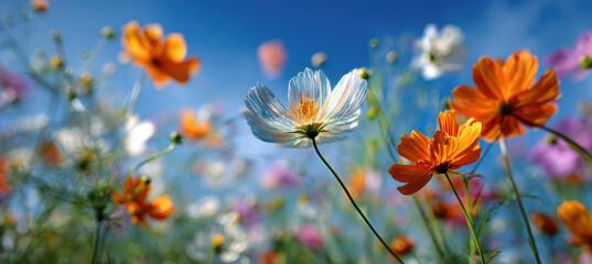 Vibrant field of colorful cosmos flowers under clear blue sky, showcasing mix of orange, white, and pink blooms