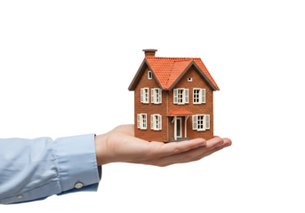 Hand holding a small house model isolated on transparent background