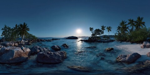 Naklejka premium Moonlit beach adventure tropical paradise hdr panorama serene seascape night viewpoint tranquil concept