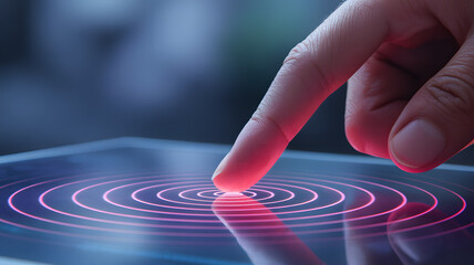 Technological Touch: A close-up shot of a finger delicately interacting with the screen of a digital tablet, the scene accentuated by concentric rings of energy.