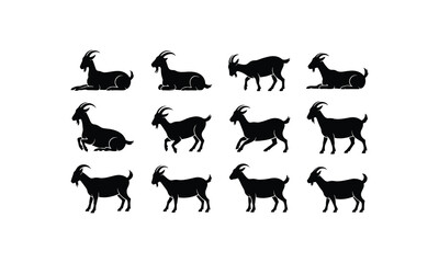 Twelve black goat silhouettes in various poses on white