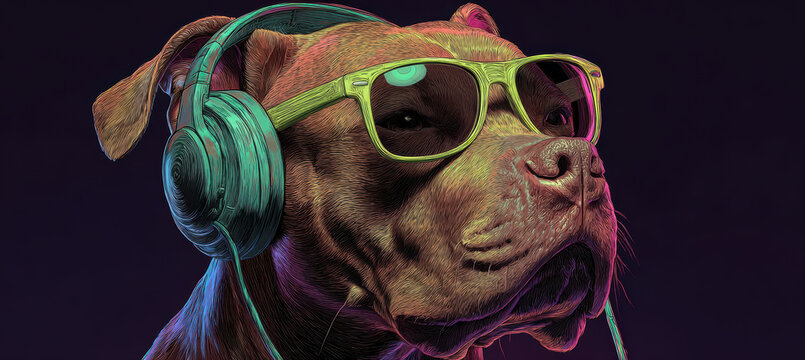 Cool dog wearing sunglasses and headphones, exuding relaxed vibe with vibrant colors
