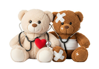 Two plush teddy bears, one beige with red heart and one brown with bandages, both with stethoscopes, seated closely on transparent, soft studio light. Childhood health and compassionate care