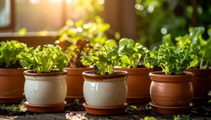 Fresh green potted plants basking in sunlight creating a vibrant gardening scene