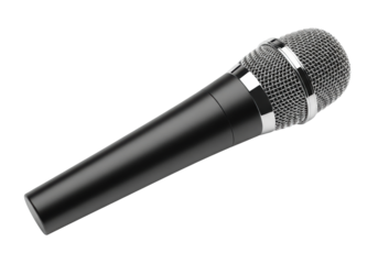 A high-end handheld dynamic vocal microphone with a matte black body and silver mesh grille, isolated on a transparent background with studio lighting, concept of professional audio excellence