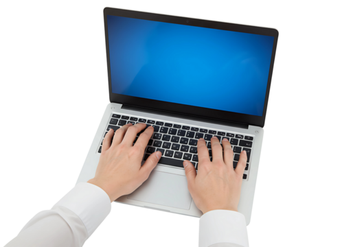 Person typing on a laptop computer isolated on transparent background