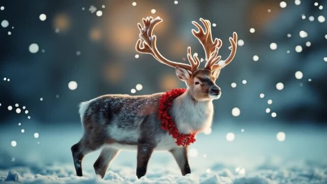 A reindeer stands in the snow wearing a red garland with lights and snowflakes falling around it christmas video