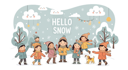Adobe illustrator artwork vector illustration. Diverse group of happy children in winter clothes, accompanied by their dogs, playing joyfully in a snowy landscape under a 