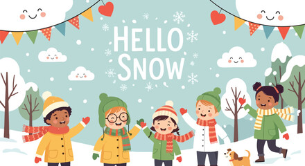 Adobe illustrator artwork vector illustration. Diverse group of happy children in winter clothes, accompanied by their dogs, playing joyfully in a snowy landscape under a 