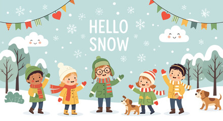 Adobe illustrator artwork vector illustration. Diverse group of happy children in winter clothes, accompanied by their dogs, playing joyfully in a snowy landscape under a "Hello Snow" banner