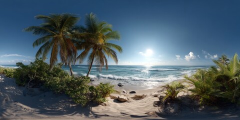 Fototapeta premium Tropical beach sunrise action caribbean coast hdr panoramic view lush environment serene concept