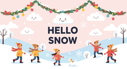 Adobe illustrator artwork vector illustration. Diverse group of happy children in winter clothes, accompanied by their dogs, playing joyfully in a snowy landscape under a 