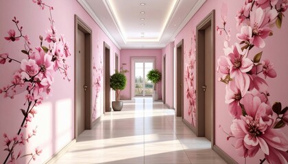 Elegant corridor decorated with floral wallpaper and potted plants, leading to a bright window