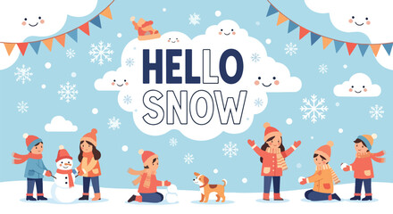 Adobe illustrator artwork vector illustration. Diverse group of happy children in winter clothes, accompanied by their dogs, playing joyfully in a snowy landscape under a 