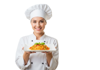 Young caucasian woman in chef's uniform, smiling, presenting vibrant al dente spaghetti with vegetables and basil on a white plate against a clean studio background, inviting culinary advertisement