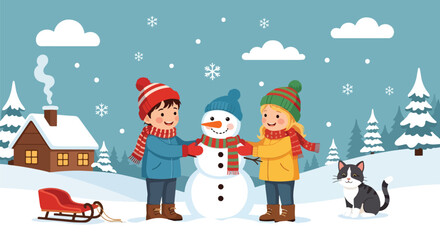 Adobe illustrator artwork vector illustration. Two cheerful children in red winter coats are building a snowman with a top hat and scarf in a festive, snowy village scene adorned with colorful 