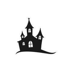 Halloween hunted house Spooky silhouette with bats flying around on halloween night, Hunted house vector silhouette
