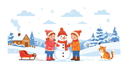 Adobe illustrator artwork vector illustration. Two cheerful children in red winter coats are building a snowman with a top hat and scarf in a festive, snowy village scene adorned with colorful 