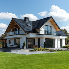 White family house with black pitched roof tiles, and beautiful front yard with green lawn. Created with, Generative AI