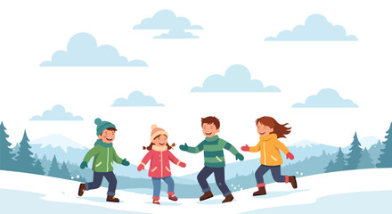 Adobe illustrator artwork vector illustration. Diverse group of happy children, including one in a wheelchair, celebrating winter holidays with a snowman and gifts under festive banners, in a cheerful