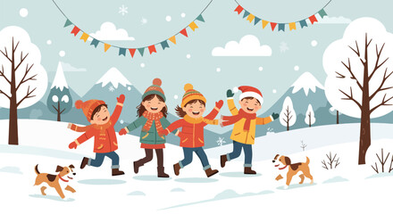 Adobe illustrator artwork vector illustration. Diverse group of happy children, including one in a wheelchair, celebrating winter holidays with a snowman and gifts under festive banners, in a cheerful