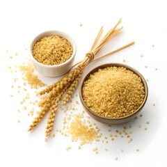 Bulgur wheat grains isolated on a white background, showcasing their golden color, coarse texture,