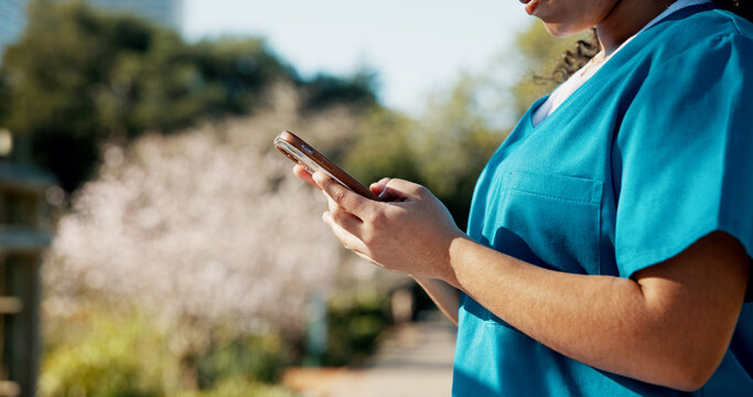 Phone, hands or student nurse on campus with typing, research or notification for assignment. Email, healthcare or woman in uniform with tech, education or internet in school with info for results.