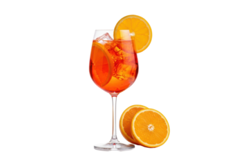 Vibrant orange-red Aperol Spritz in elegant stemmed glass with ice, orange slice, on pristine reflective white background, high-key studio light. Concept for beverage advertising