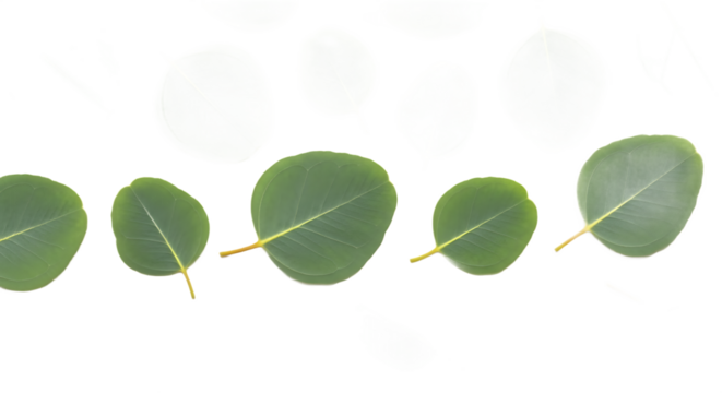 Fresh eucalyptus leaves arranged in a line, viewed from above on a clean white background. Perfect for natural, botanical, and wellness themes
