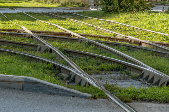 Tram tracks crossing on an autumn day