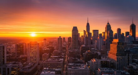 Fototapeta premium Spectacular Cityscape at Sunrise with Golden Light over Urban Skyline