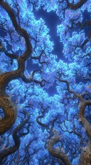 A captivating, ethereal view of a vibrant forest canopy, filled with twisting, luminous blue blossoms.