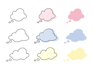 A bubble for speech, a multicolored set of icons with an outline, a chat cloud with a place for text, isolated, vector. Graphic element, cloud shape dialog box for messages, text, speech in children's