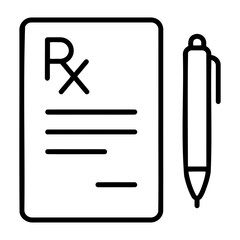 Medical equipment icon illustration of a prescription pad with rx symbol and lines next to a writing pen tool