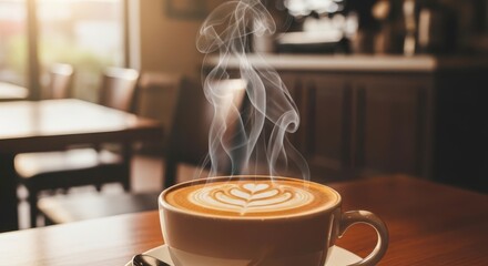 Steaming Latte Art Coffee Cup on Wooden Table in Cafe Setting