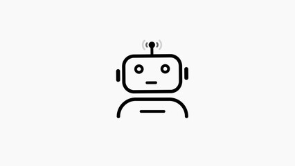 Simple black line art robot head icon on a white background with a subtle antenna signal Keywords: robot, icon, symbol, technology, artificial intelligence, AI, machine, automation, android