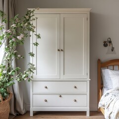 White wooden wardrobe in scandinavian style interior design of modern bedroom. Created with, Generative AI