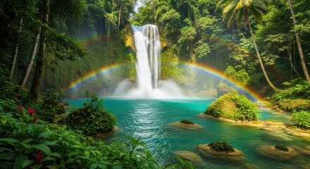 Stunning waterfall cascading into turquoise waters surrounded by lush rainforest with rainbow