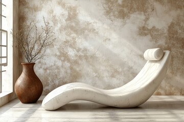 Wavy lounge chair in room with stucco wall and clay vases. Minimalist style interior design of modern living room. Created with, Generative AI