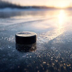 Ice Hockey Puck on Frozen Surface at Sunset with Reflection