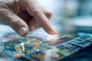 Close up of a finger touching a screen with a colorful abstract design and circuit board elements