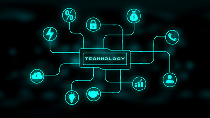 Cyan Digital Network With ' Technology' In The Center And Connected Icons connection innovation