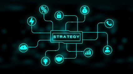 Digital Strategy Network with Business Icons and Connections on Dark Background Keywords: strategy, business, network, connection, digital, technology, icons, concept, planning, management