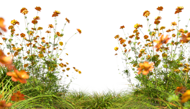 Vibrant yellow flowery blossoming meadow isolated on transparent backgrounds 3d rendering png