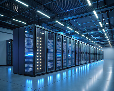 Illuminated server racks in a modern data center with blue and green led lights