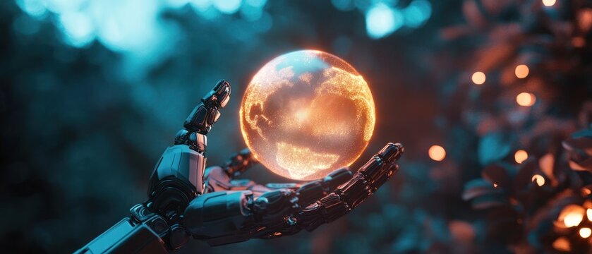 Robotic hand holding glowing earth globe futuristic technology concept - Powered by Adobe