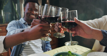 Hands, friends and people with red wine, cheers and bonding together with celebration. Social gathering, reunion and group with alcohol, good news and event with toast, happy hour and glasses