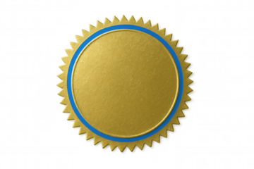Golden seal with blue border on transparent background, offering copy space for customization and branding